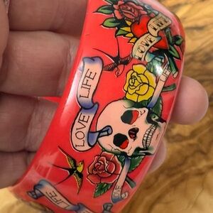 Y2K ED HARDY “love life” Red Bangle with Dragon and Tattoo Art